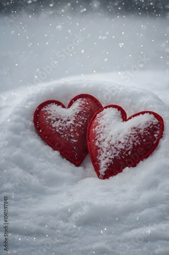 Amid the winter frost, two red hearts beat together in a beautiful romance.