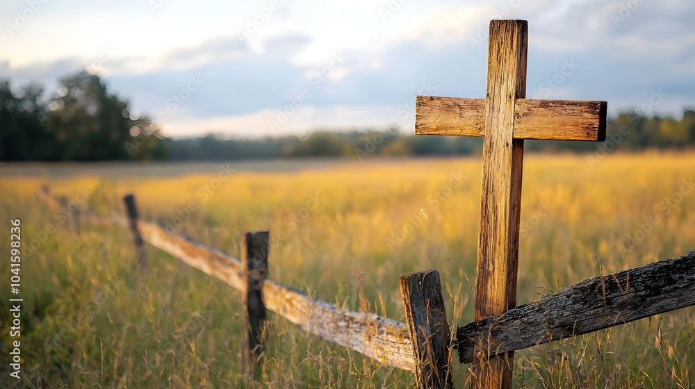 A Weathered Wooden Cross Leaning Against a Fence in a Tranquil Rural Landscape Symbolizing Quiet Spirituality A Weathered Wooden Cross Leaning Against a Fence in a Tranquil Rural Landscape Symbolizing Quiet Spirituality
