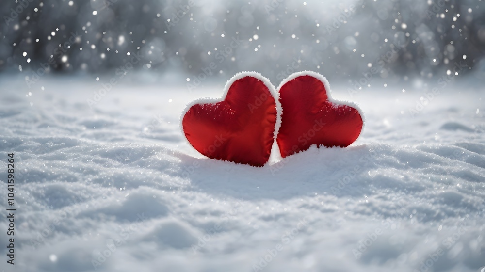 Fototapeta premium In the snow’s stillness, two red hearts shine, showcasing the warmth of true romance.