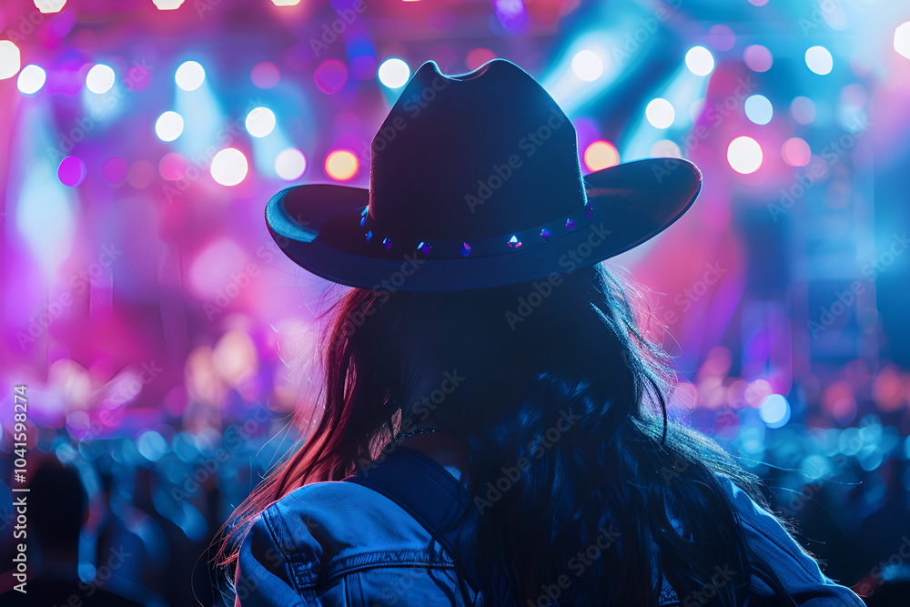 A cowgirl with long hair wearing a cowboy hat, watching the stage at a country music festival. The crowd is in the background, Generative AI A cowgirl with long hair wearing a cowboy hat, watching the stage at a country music festival. The crowd is in the background, Generative AI