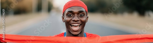 A runner crossing the finish line of a race, surprised by an unexpected celebration, their face filled with enjoyment and the euphoria of victory photo