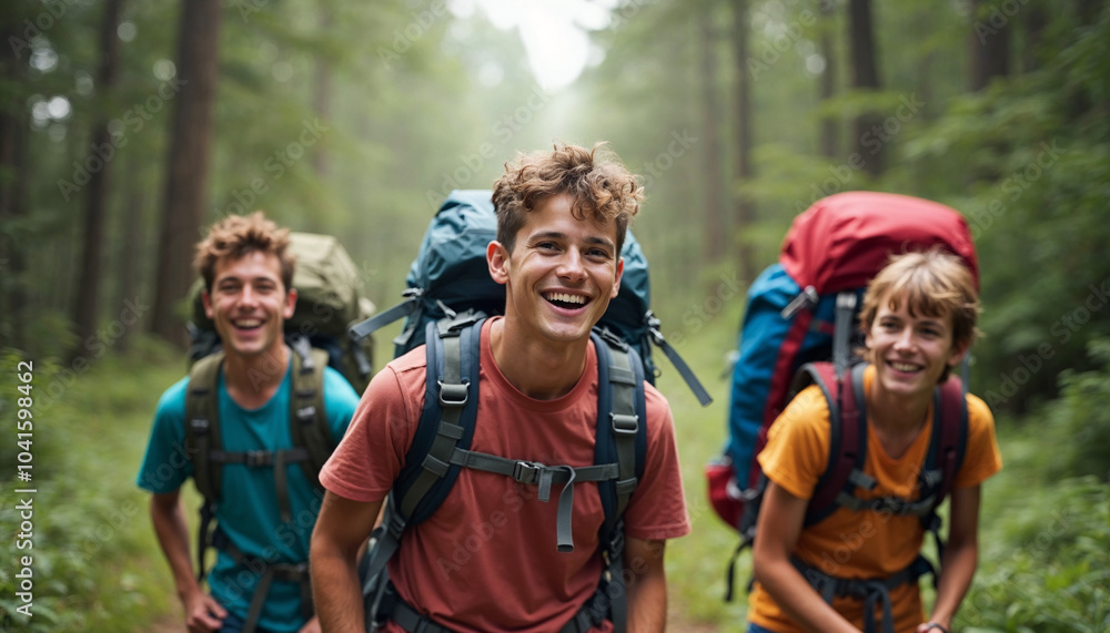 Happy backpacker and his friends hiking in forest, walking through rocky forest on a rainy day with his male friends. Outdoor mountain adventure, trekking travel, hiker sport, Hiking concept Happy backpacker and his friends hiking in forest, walking through rocky forest on a rainy day with his male friends. Outdoor mountain adventure, trekking travel, hiker sport, Hiking concept