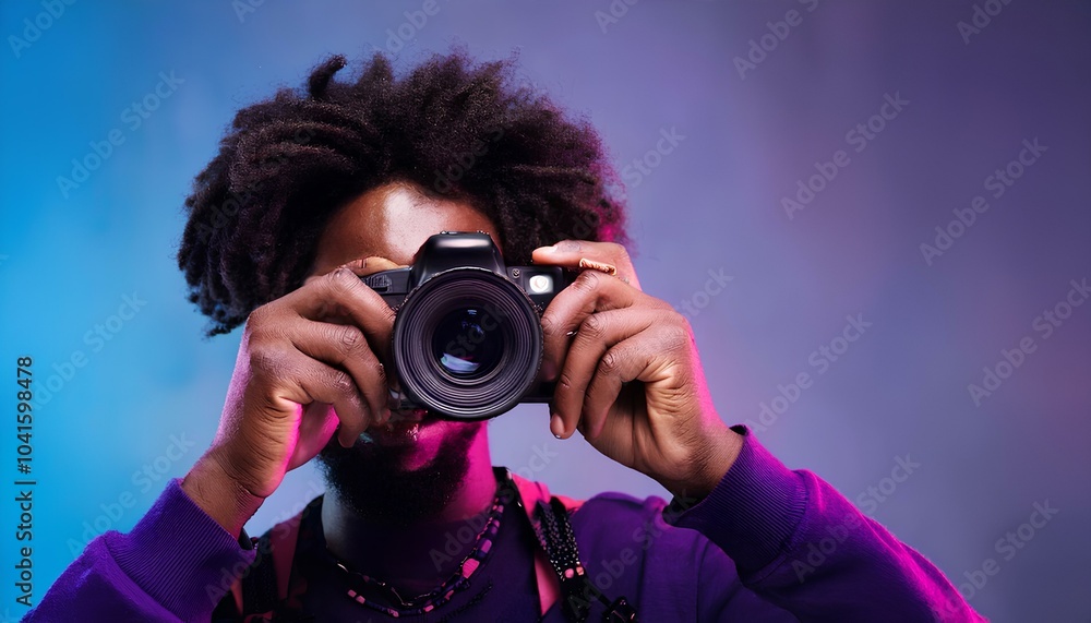 Close-up photo of a young photographer with an photocamera; fashion and beauty concept Close-up photo of a young photographer with an photocamera; fashion and beauty concept
