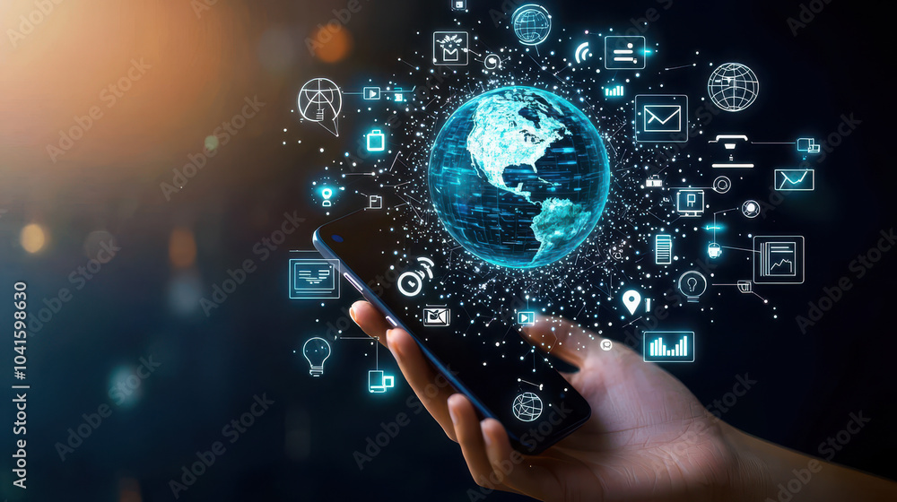 Fototapeta premium Hand holding smartphone with digital earth and scattered technology icons on dark background, symbolizing global connectivity