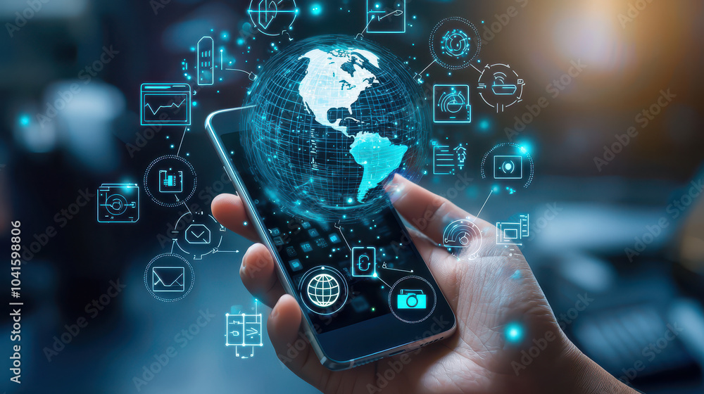 Hand holding a smartphone displaying a globe surrounded by digital icons representing technology and global connectivity Hand holding a smartphone displaying a globe surrounded by digital icons representing technology and global connectivity