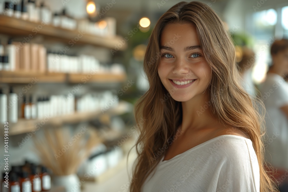 Woman smiling in a store with shelves of products behind her. Woman smiling in a store with shelves of products behind her.