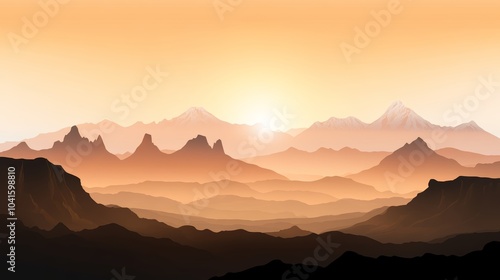 A serene landscape at sunset, showcasing layered mountains in warm hues, blending beautifully into the horizon.