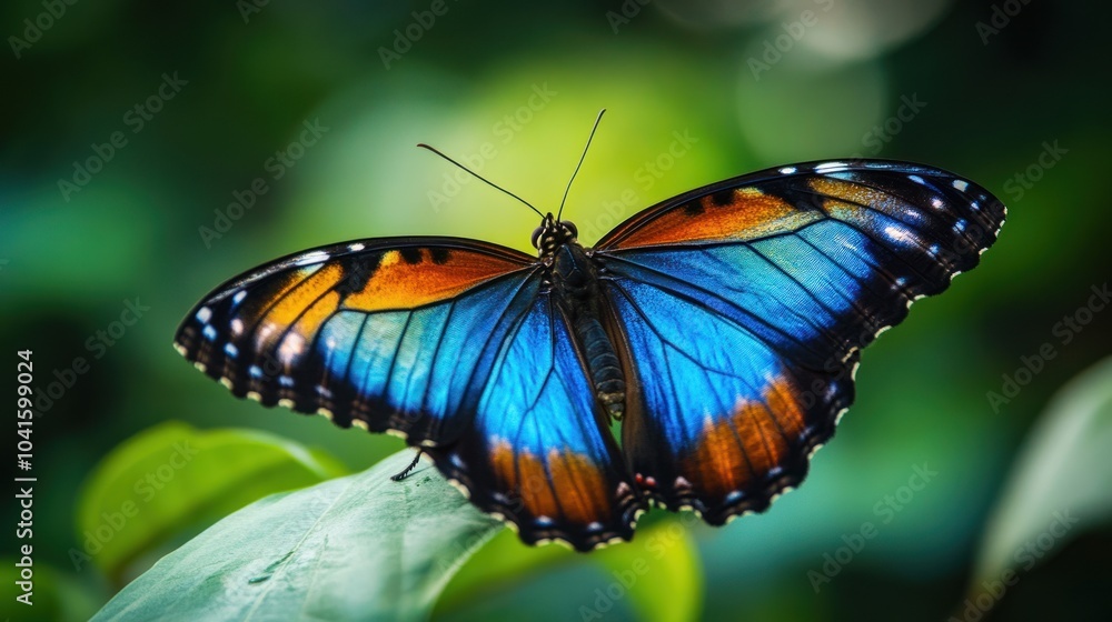 Blue Morpho Butterfly on Green Foliage Blue Morpho Butterfly on Green Foliage