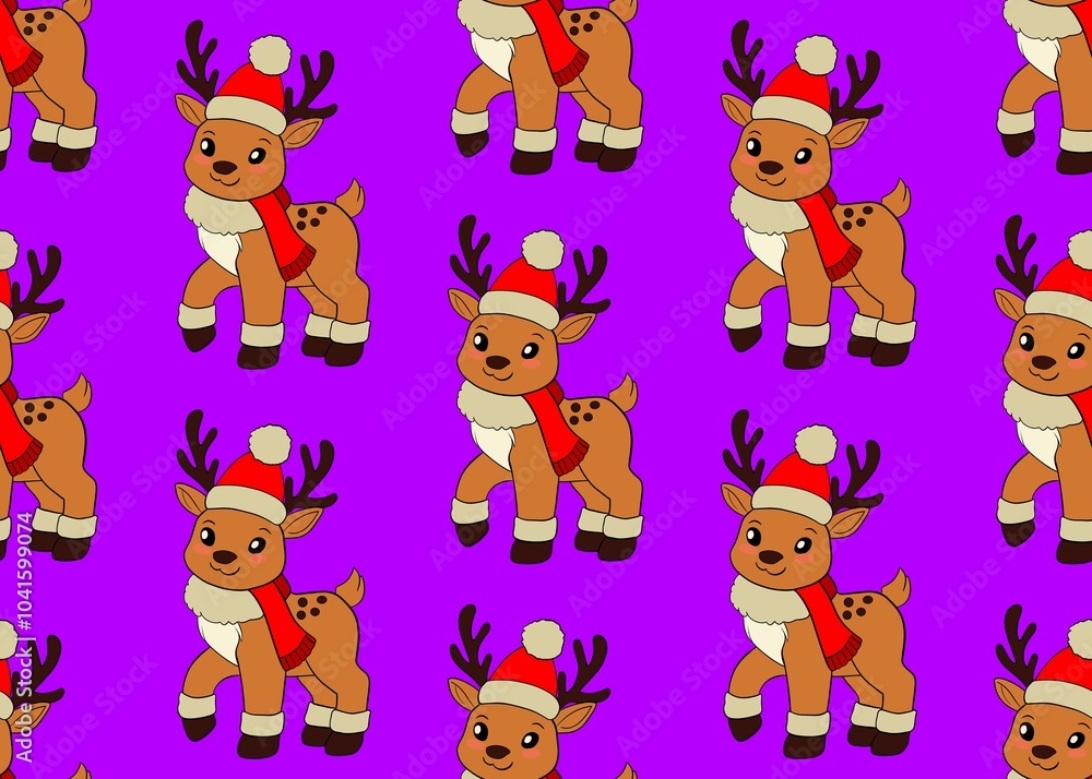 Naklejka premium Set of deer. Seamless pattern with deer. New Year's pattern with deer on a purple background. Christmas mood.
