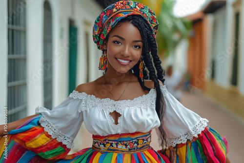  Belleza y tradición, mujer negra con facciones exquisitas, danzando en una falda panameña en un día soleado durante las fiestas patrias en Panamá.