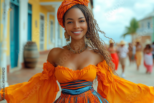 Celebración de fiestas patrias¡, mujer de piel negra con hermosas facciones, bailando con falda tradicional panameña en un entorno colonial bajo el sol. photo