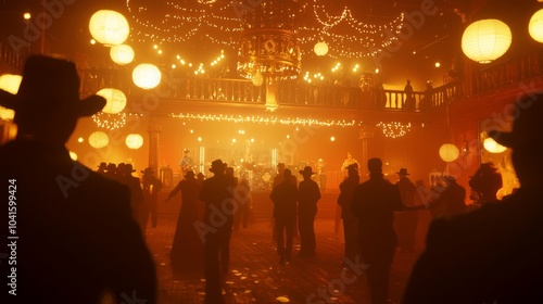 Wild West Saloon Celebration: Energetic Dance Hall Soiree with Live Band and Lantern Illumination, Vintage Western Theme Party with Cinematic Light and Traditional Attire