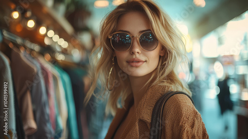 A fashion-conscious woman browsing clothes at a boutique. photo