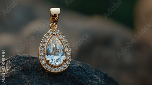 A gold pendant showcases a teardrop shape with intricate details, highlighting a white crystal against a dark stone photo