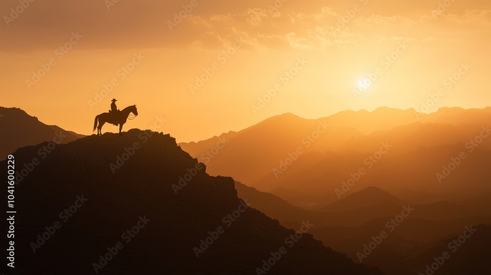 Lone Cowboy and Horse Silhouetted at Sunset on Rocky Outcrop, Wild West Adventure Photography with Cinematic Light Lone Cowboy and Horse Silhouetted at Sunset on Rocky Outcrop, Wild West Adventure Photography with Cinematic Light