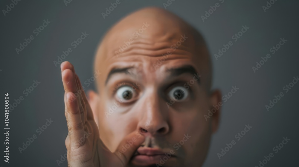 A bald man with wide eyes makes a funny face, pressing his cheek with his hand, creating a humorous and playful expression in a close-up shot. A bald man with wide eyes makes a funny face, pressing his cheek with his hand, creating a humorous and playful expression in a close-up shot.
