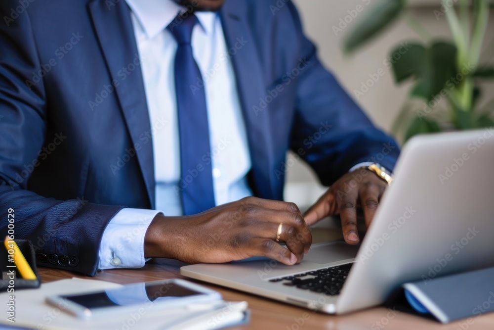 Business manager sitting at his desk in a modern office, working intently Business manager sitting at his desk in a modern office, working intently