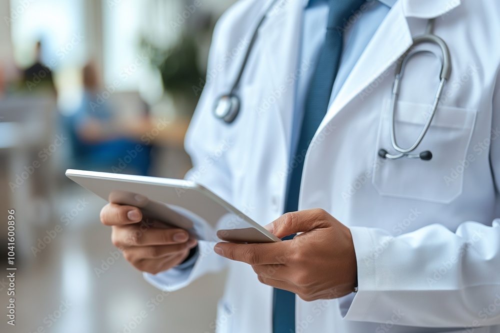 A doctor in a white coat uses a tablet in a hospital setting. A doctor in a white coat uses a tablet in a hospital setting.