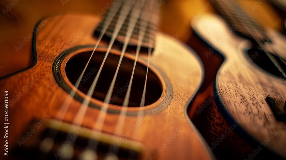 Fototapeta premium Close-up of two acoustic guitars with natural wood finish, showing strings and soundhole.
