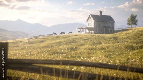 Tranquil Wild West Ranch House at Sunset - A Rustic Countryside Scene with Horses Grazing in Lush Fields, Wooden Fence, and Cinematic Lighting