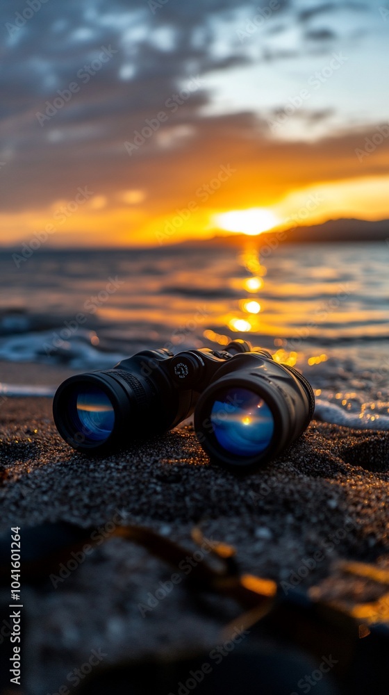 Binoculars on a sandy beach at sunset, reflecting the golden hour.