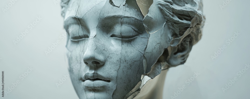 Damaged plaster sculpture of a woman's face exudes peace despite cracks, symbolizing beauty's fragility and time's passage Damaged plaster sculpture of a woman's face exudes peace despite cracks, symbolizing beauty's fragility and time's passage