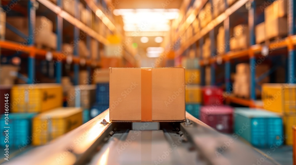 A single cardboard box moves along a conveyor belt in a large warehouse. A single cardboard box moves along a conveyor belt in a large warehouse.