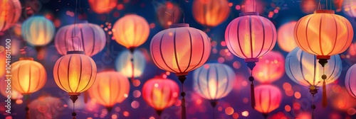 Vibrant lanterns illuminate the night sky, creating a magical atmosphere.