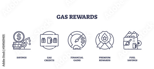 Gas rewards icons depict savings, credits, and financial gains, transparent background. Outline icons set