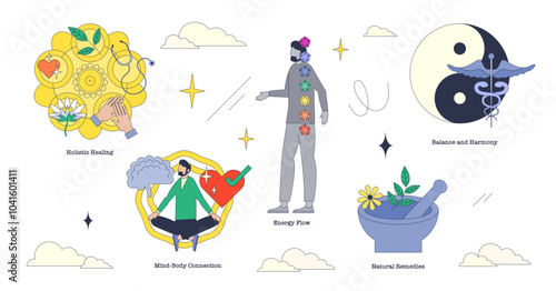 Integrative medicine emphasizes holistic healing, energy flow, and mind-body connection, transparent background. Key objects, chakras, meditation, yin-yang. Neubrutalism style collection