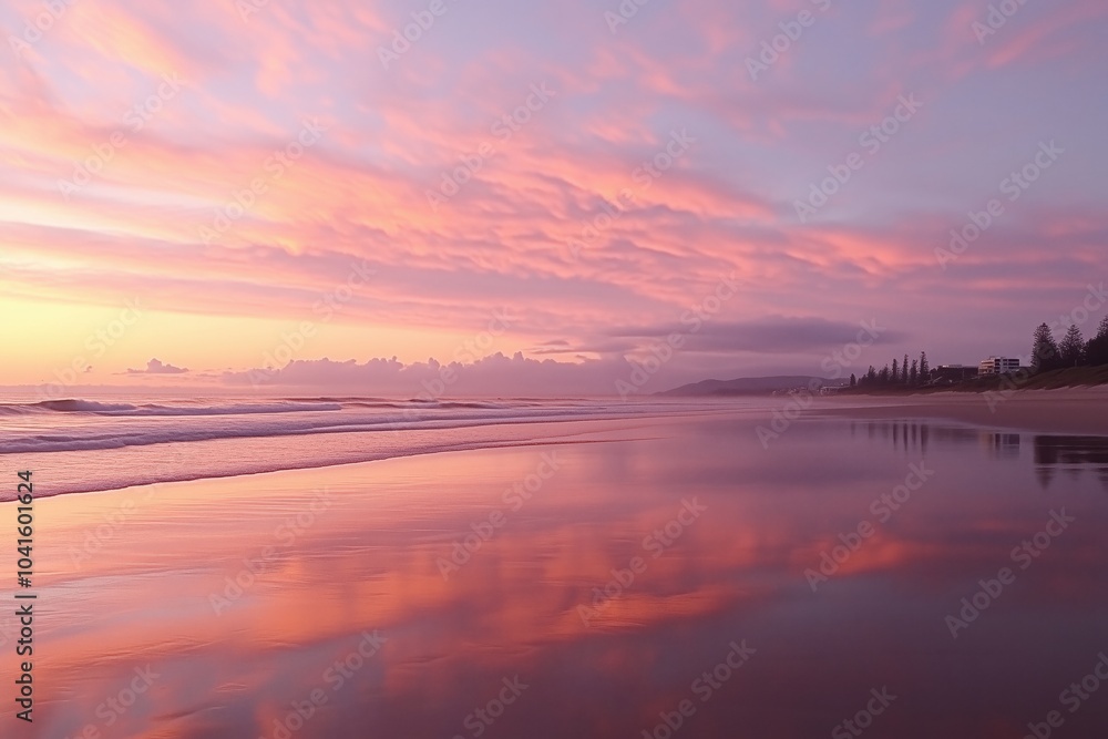 Obraz premium A pastel pink sunset on the beach reflecting off the sand