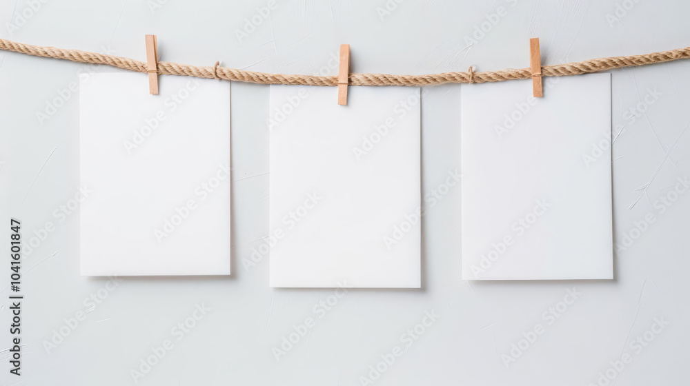 Three blank white cards hanging on a string with clothespins. Three blank white cards hanging on a string with clothespins.