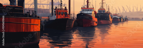 A row of tugboats at sunset in a harbor. photo