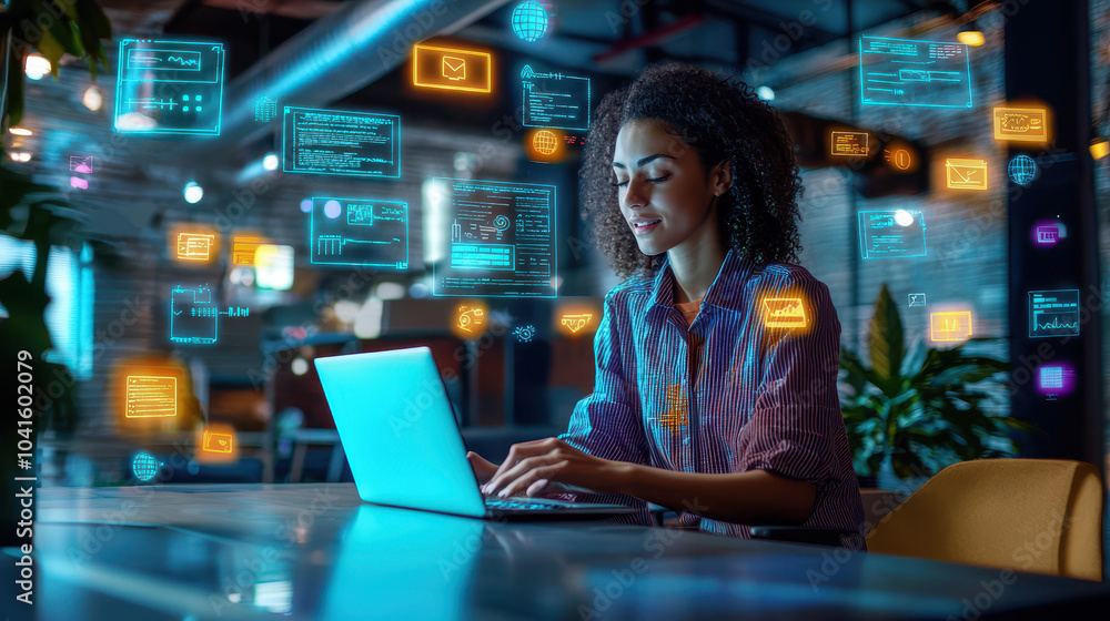 Young woman working on a laptop with digital graphs and icons in modern office environment showcasing technology and innovation Young woman working on a laptop with digital graphs and icons in modern office environment showcasing technology and innovation