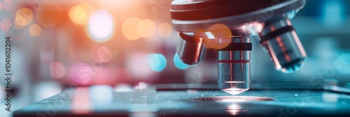 Close-up of a microscope lens, with blurred background.