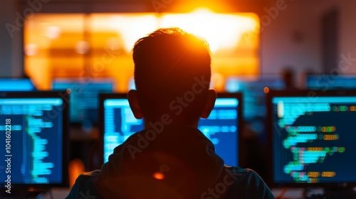 Silhouette of a programmer working on code in a computer lab. photo