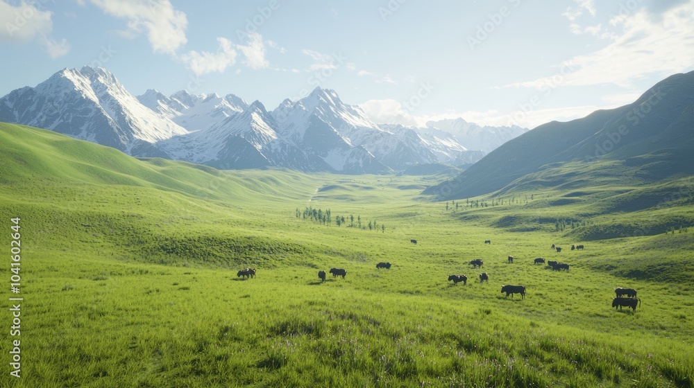 Obraz premium Frontier Tranquility: Idyllic Wild West Valley with Ranches, Cattle, and Majestic Mountain Backdrop under Cinematic Light