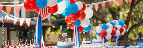 Red, white, and blue themed Independence Day party setup, vibrant decorations, balloons, and flags, creating a visually stunning and patriotic ambiance photo