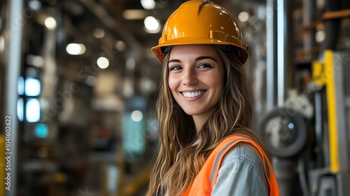 Smiling female engineer in hard hat and safety vest in a factory setting.