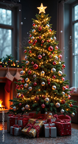 Enchanting Christmas Tree in Cozy Living Room: Perfect for Holiday Marketing, Greeting Cards, and Festive Campaigns