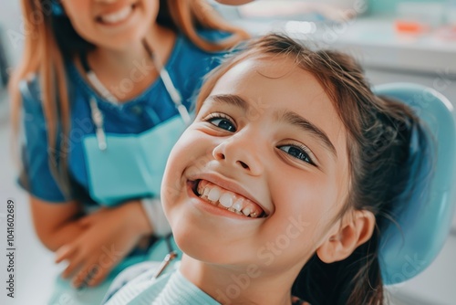 Smiling child at a dental exam, pediatric dentist in the background