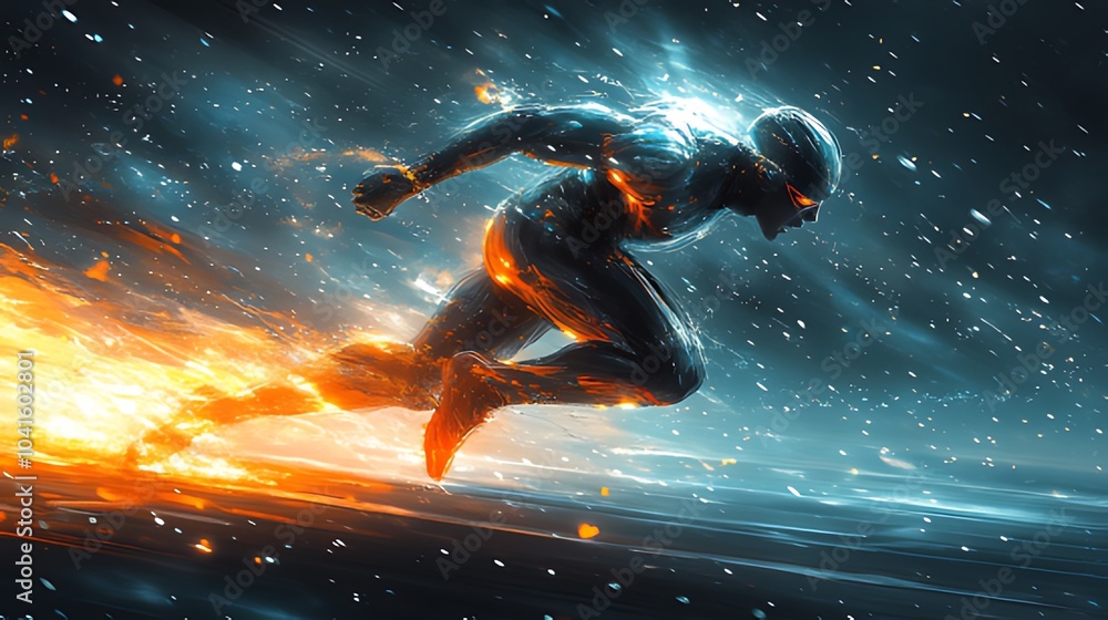 A futuristic man runs at high speed with fire and sparks behind him, leaving a trail of light and motion blur. A futuristic man runs at high speed with fire and sparks behind him, leaving a trail of light and motion blur.
