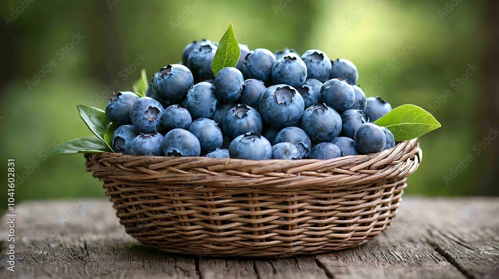 Vibrant and fresh blueberries in a rustic basket surrounded by nature's beauty and greenery for a healthy lifestyle Vibrant and fresh blueberries in a rustic basket surrounded by nature's beauty and greenery for a healthy lifestyle