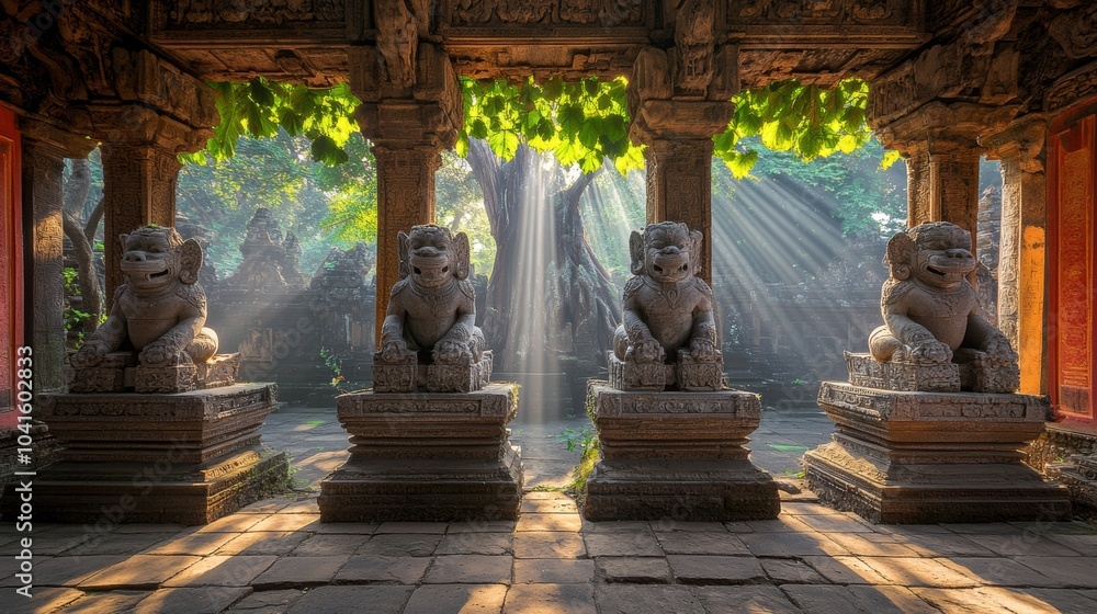 Ancient Stone Guardians in Temple Courtyard with Sunbeams Ancient Stone Guardians in Temple Courtyard with Sunbeams