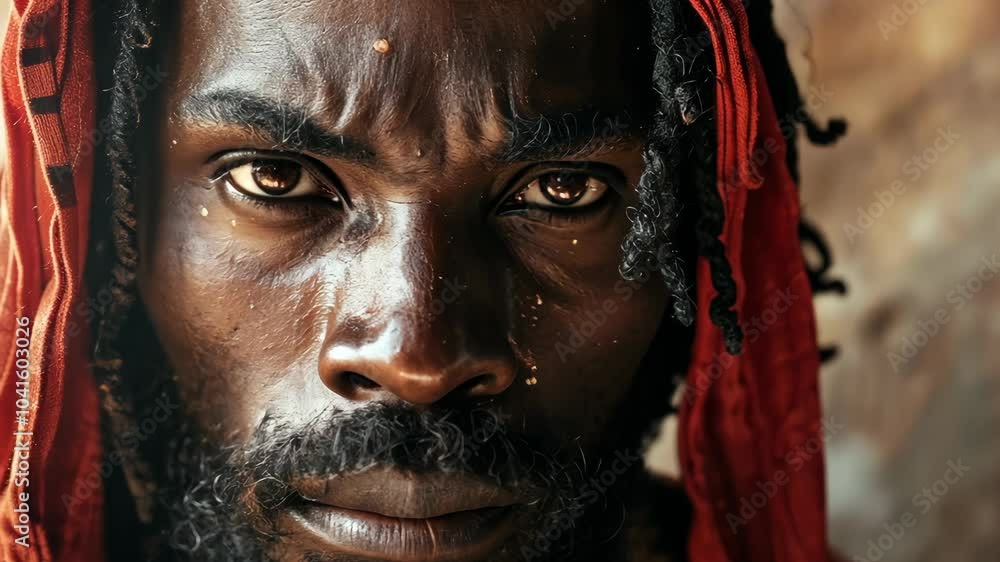 A man with dreadlocks and a red scarf stares intently into the camera A man with dreadlocks and a red scarf stares intently into the camera