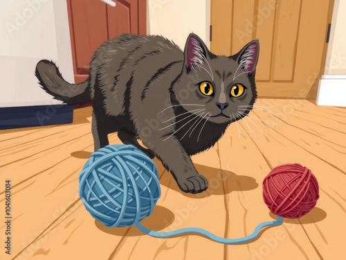 Obraz na płótnie A cat is playing with two balls of yarn, one blue and one red. The cat is focused on the red yarn, possibly because it is more visually stimulating or because it is more interesting to play with w salonie