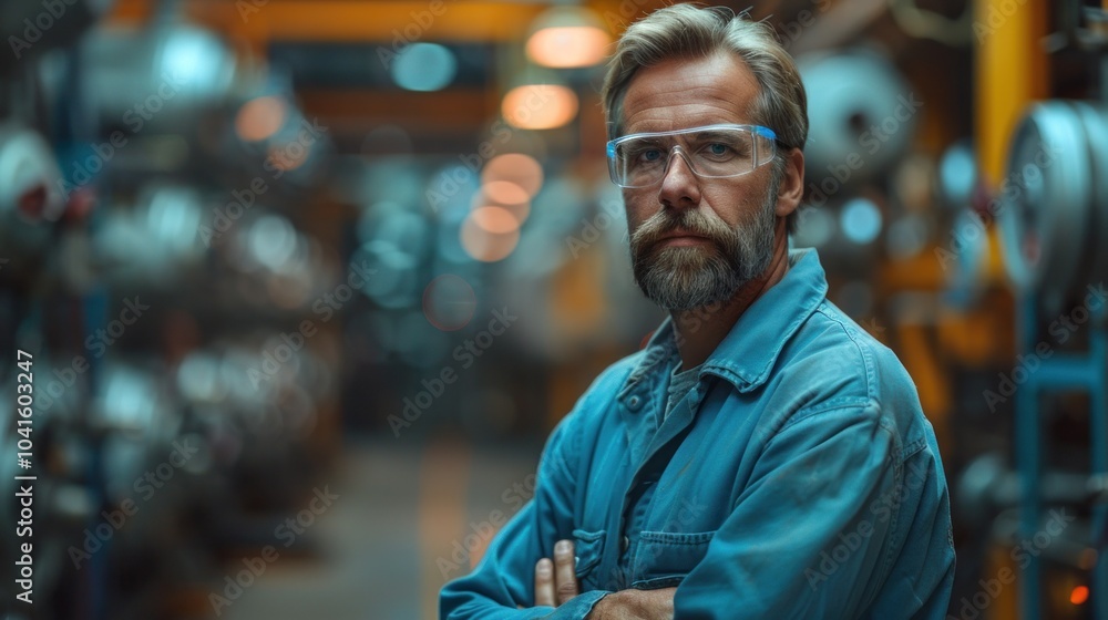 A skilled factory worker stands confidently amidst machinery, showcasing expertise in a bustling industrial environment. Generative AI A skilled factory worker stands confidently amidst machinery, showcasing expertise in a bustling industrial environment. Generative AI