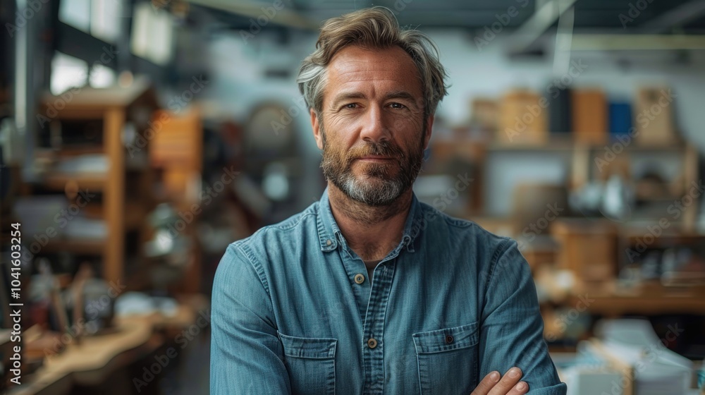 Craftsman stands confidently in a workshop surrounded by tools and materials, capturing creativity in action. Generative AI Craftsman stands confidently in a workshop surrounded by tools and materials, capturing creativity in action. Generative AI
