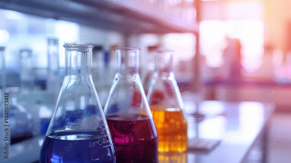 Three beakers with colored liquids in a lab setting. Three beakers with colored liquids in a lab setting.