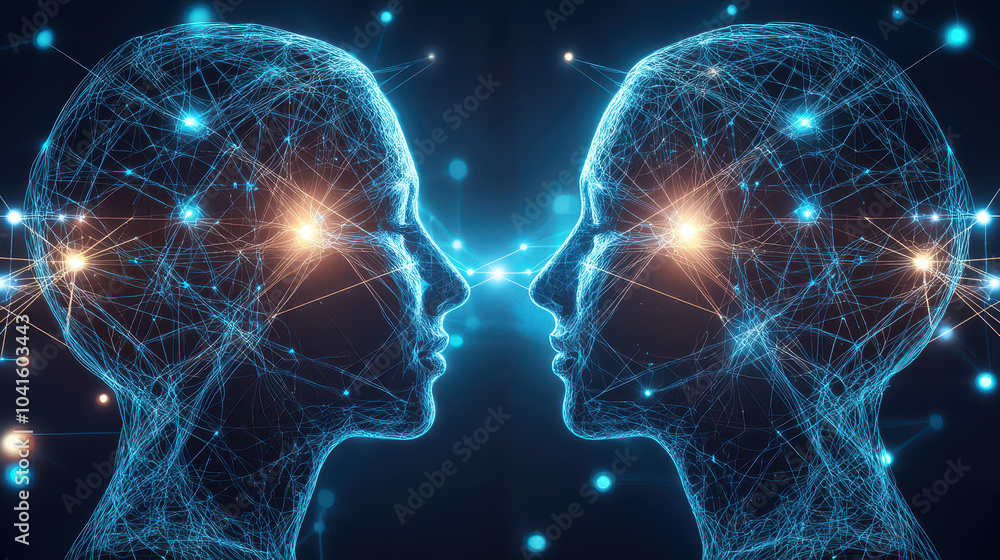 Artistic representation of two human profiles connected by glowing neural networks, symbolizing communication and cognitive interaction Artistic representation of two human profiles connected by glowing neural networks, symbolizing communication and cognitive interaction